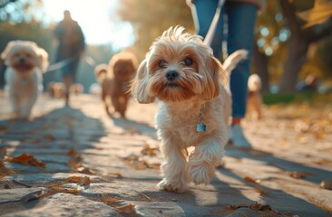 dogs who are walking with the person's hand on leashes