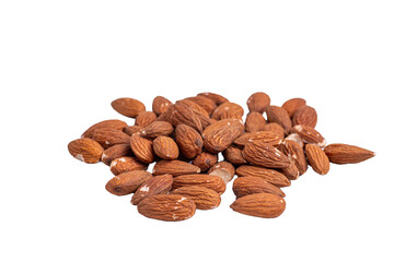 Pile of raw almonds on a white background. Food and healthy snack concept. Design for posters, banners, print.