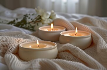 three candles are set out on a spa bed