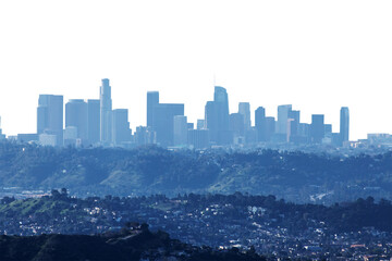 Hazy skyline view of Los Angeles with cut out background.  Photo taken from Mt Lukins in the Angeles National Forest. - obrazy, fototapety, plakaty