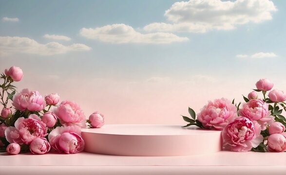Very cool minimalist empty product podium in spring warm colors with pastel pink peonies. for product presentation, with pink wall, mountains in background, mother day concept with copy space.