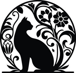 Obraz premium cat silhouette flowers ornament decoration, floral vector design