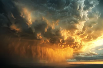 Fototapeten Dramatic golden sunset with storm clouds and rain ideal for nature backgrounds and weather forecasting visuals. © Blue_Utilities