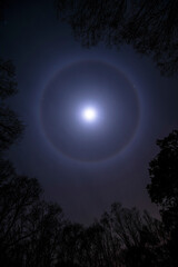 Mystical halo around the moon on a dark night