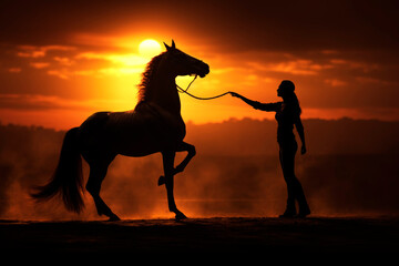 Generative AI image of an anonymous woman with long hair in silhouette, standing beside a white horse in a dramatic backlight setting