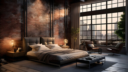  Industrial chic bedroom with exposed brick walls, metal accents, and a mix of textures, offering a stylish and urban-inspired sleeping space.