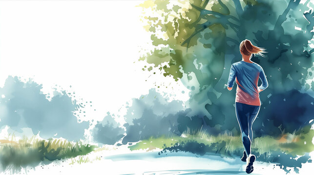 Watercolor, back view of female athlete in exercise clothes running in the park.