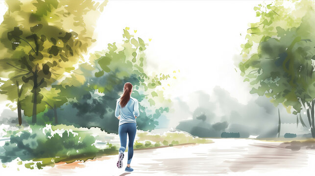Watercolor, back view of female athlete in exercise clothes running in the park.