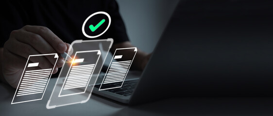 Contract. people hand sign electronic signature on digital document report with laptop computer with copy space, document management, investment, digital online marketing, financial business concept