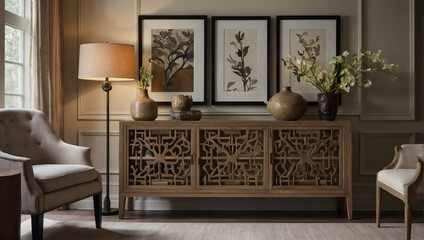 Traditional oakwood sideboard and artistic decor pieces enhancing a neutral living room.