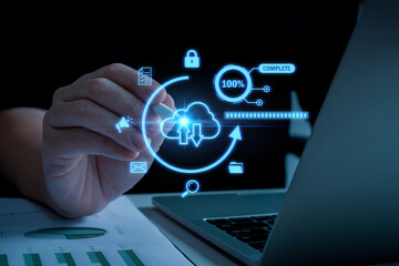 Cyber. people hand using pen pointing on mobile phone manage data file with icon diagram, cloud...