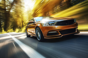 Generative AI illustration of golden coupe car driving at high speed on a forest-lined road with sunlight and motion blur - obrazy, fototapety, plakaty