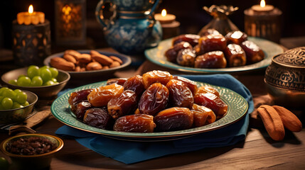 Delight in the richness of Ramadan cuisine with the delectable flavors of dates and almonds. - obrazy, fototapety, plakaty