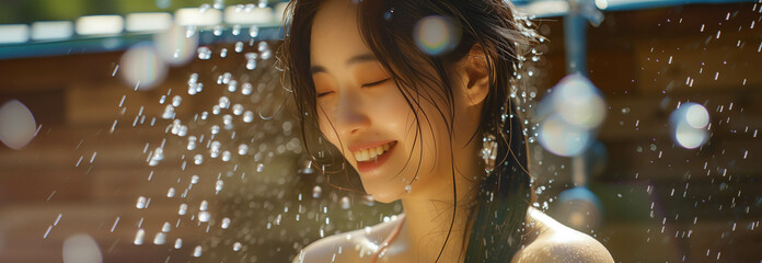 Asian woman in swimsuit bathing outdoors. - obrazy, fototapety, plakaty