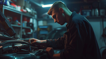 Caucasian man repairing car in auto repair shop. - obrazy, fototapety, plakaty