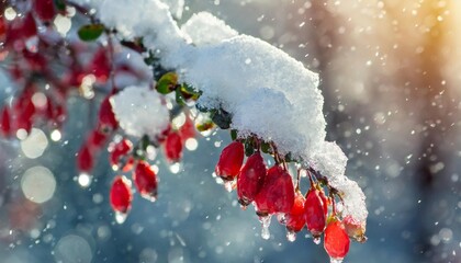 berberis branch under heavy snow and ice