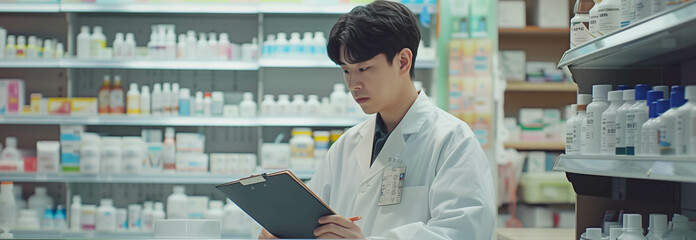 Asian male pharmacist checking documents in pharmacy.