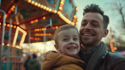 Caucasian father holding son in amusement park. - obrazy, fototapety, plakaty