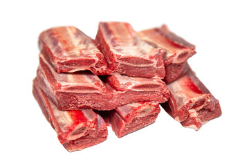 Raw beef rib cuts are placed on a white surface, separated from any other elements.