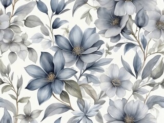 Ash gray floral wallpaper. Watercolor elegant blooms.