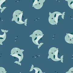 Seamless vector pattern on white background. Cute blue dolphins and water bubbles . Vector illustration