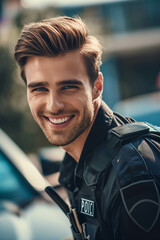 A Caucasian male police officer smiles with confidence while working the streets.