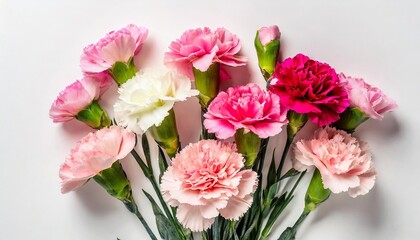 bouquet of different pink carnation flowers isolated on white background top view flat lay holiday card 8 march happy valentine s day mother s day concept