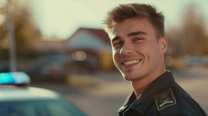 A Caucasian male police officer smiles with confidence while working the streets.