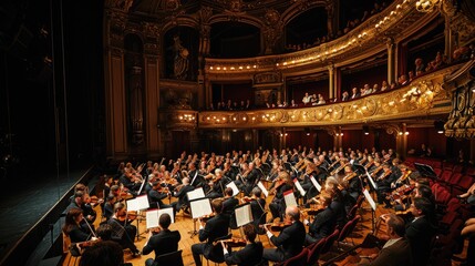 An elegant classical music concert, orchestra in full performance, audience captivated, in a grand historic theater. Resplendent. - obrazy, fototapety, plakaty