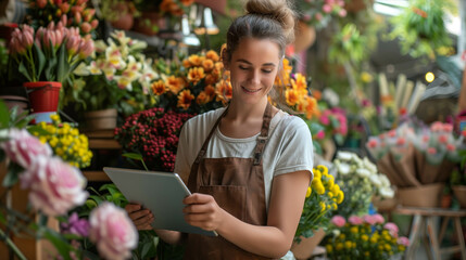 Fototapeta na wymiar Caucasian woman using tablet in flower shop.