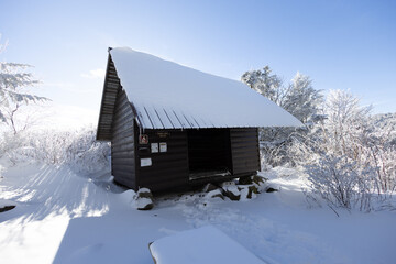 Thomas Knob Shelter on the Appalachian Trail at Mount Rogers in Virginia Covered in Snow