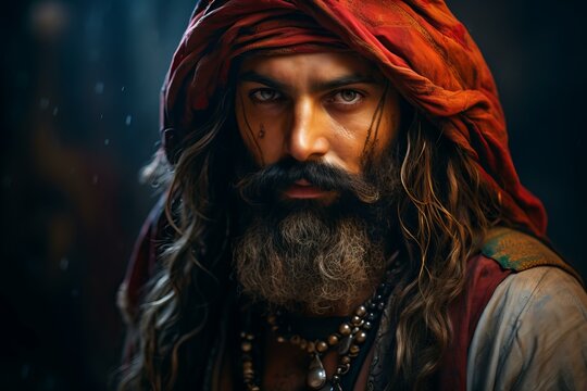 Adventurous Sinbad portrait. Costume islamic fantasy. Fictional person. Generate Ai
