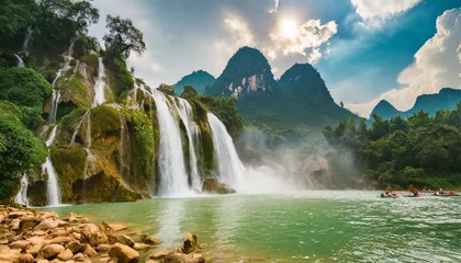 Fotobehang ban gioc waterfall veitnam name or detian waterfall chinese name waterfall is the most magnificent waterfall in vietnam located in the border of guangxi china and cao bang vietnam © Dayami