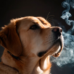 A serene Labrador, smoke curling around its nose, profiled against a dark backdrop, encapsulating a moment of tranquility and reflective thought.