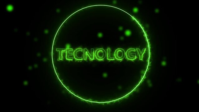 Technology text font with neon light. Luminous and shimmering haze inside the letters of the text Technology. Technology neon sign.