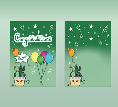 Congratulations card green with balloon and decoration. Vector file you can change the colors.