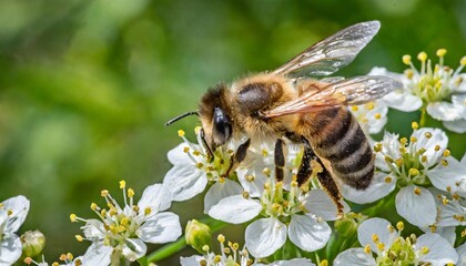 working bee on small white flowers in the garden