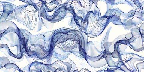 Seamless pattern. Illustration of wavy creatures in blue and white, , interlaced figures, modern themes, repetitive abstract ink, spilled liquid fog magic effect.