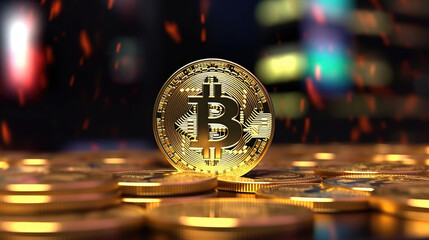 The pile of Bitcoin coins with blurred stock market view background