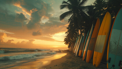 Colorful long surfboards staying in row on the sandy tropical island beach sea cost litted with sunset light during golden hour. Exotic vacations, active free people activities and freedom concept. - obrazy, fototapety, plakaty