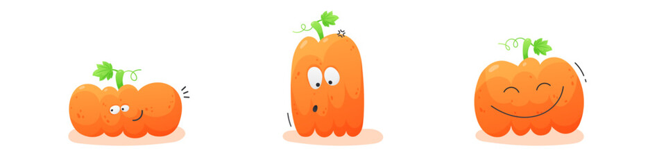 Set of three ginger, orange, cute, funny smiling pumpkins isolated on white background. Vector illustration, print for packaging, fabrics, wallpapers, textiles, web, banners, cards