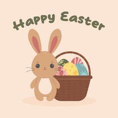 Easter greeting card. Rabbits, Easter eggs and basket. Vector illustration
