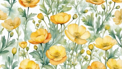 Buttercup floral backdrop. Watercolor muted blossoms.