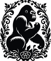 Obraz premium gorilla silhouette flowers ornament decoration, floral vector design