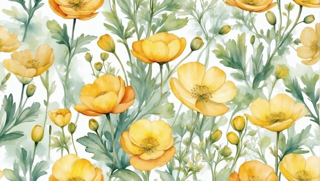 Buttercup floral backdrop. Watercolor muted blossoms. © xKas