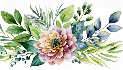 Fototapeten watercolor floral arrangements with leaves herbs herbal illustration botanic composition for wedding greeting card © Dayami