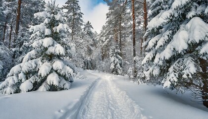 path in the snow among snowdrifts and snow covered trees in the winter forest
