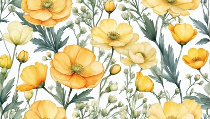 Buttercup floral backdrop. Watercolor muted blossoms.