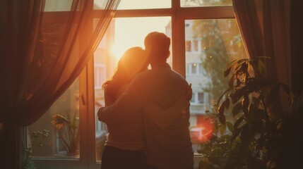 Fototapeta premium Warm moments: a couple hugging against the background of the sunset in a cozy home interior