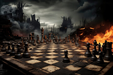 Apocalyptic Chessboard with Smoldering Battlefield Backdrop - obrazy, fototapety, plakaty